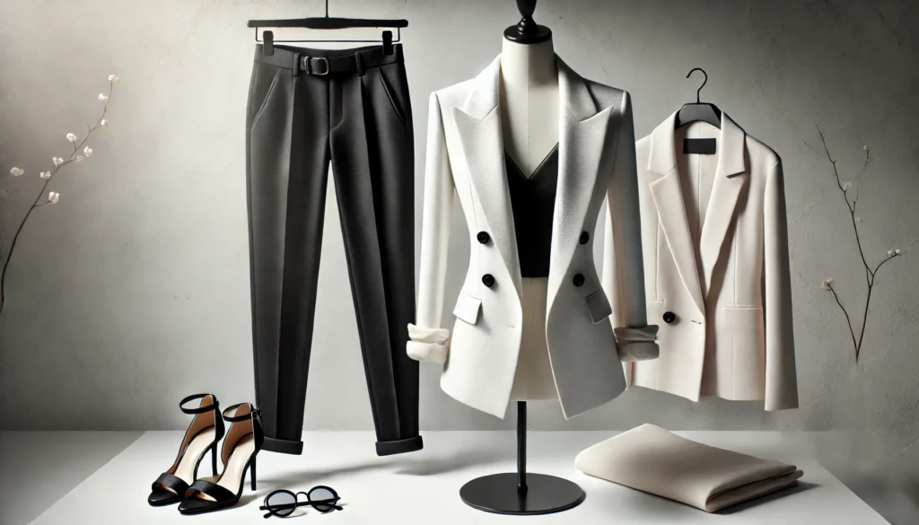 combinaison pantalon tailleur noir et blazer blanc